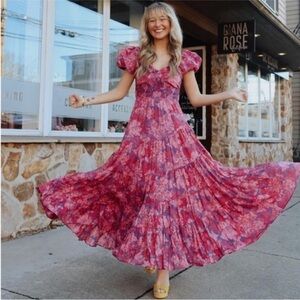 Free People Short Sleeve Sundrenched Maxi Dress in Magenta Combo Size Medium